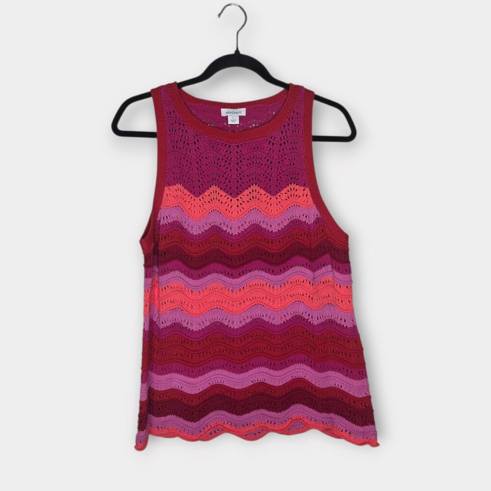 Sundance Pink Red Open Knit Sleeveless Sweater Tank Cotton Women's Large